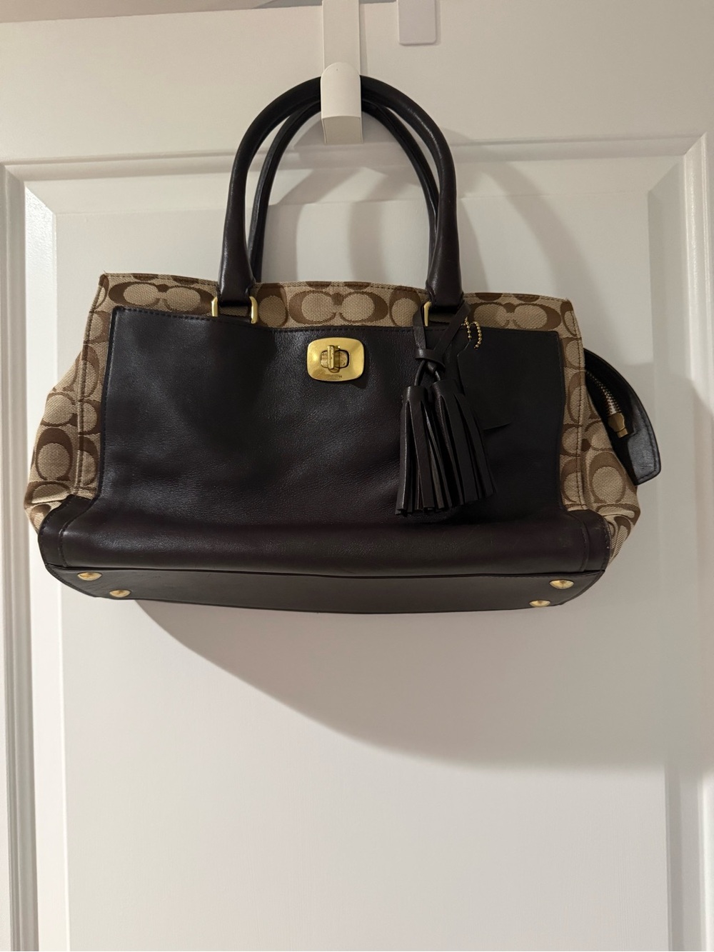 Coach Brown Signature Canvas Satchel with Dark Brown Leather Trim